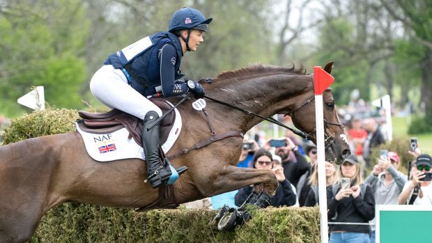 Yasmin Ingham and Banzai Du Loir jumping a fence on the Kentucky Three-Day Event cross-country course