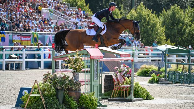 Ben Maher and Dallas Vegas Batilly pictured in the Paris Olympic showjumping individual final.