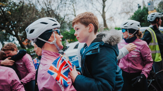 Tom March with his son Max at the finish of the Cycle4Caroline challenge.