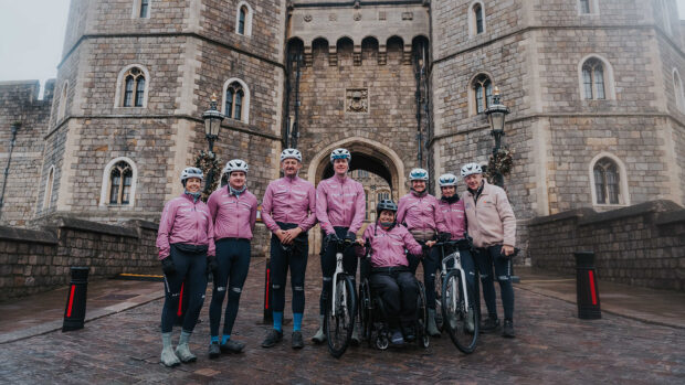 Piggy March and the other core riders at Windsor at the start of the final day of Cycle4Caroline.