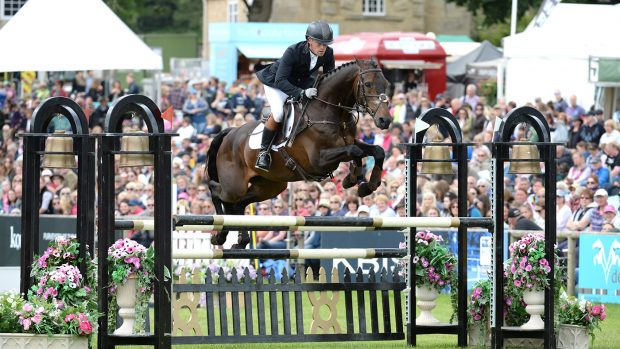 Simon Grieve riding DRUMBILLA METRO during the showjumping phase of the CCI*** at the Equitrek Bramham International Horse Trials, near Weatherby in Yorkshire. The duo are now bidding for glory in the forthcoming Hickstead speed Derby.