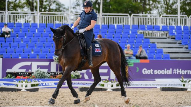 Natasha Baker and Keystone Dawn Chorus during arena familiarisation at the World Para Dressage Championships before winning individual silver in the World Para Dressage Championship results