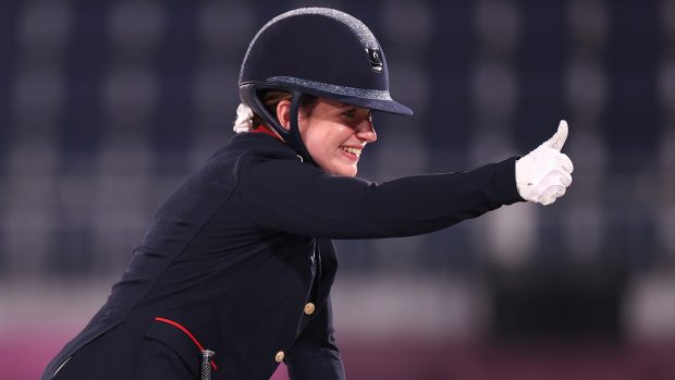 Natasha Baker gives a thumbs up after her performance in Tokyo paralympic dressage competition