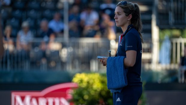 Charlotte Dujardin's groom Francesca Gorni at arena familiarisation at the European Dressage Championships