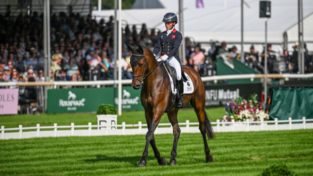 Ros Canter rides Lordships Graffalo down the centre line during her Defender Burghley Horse Trials dressage test to sit second going into cross-country.