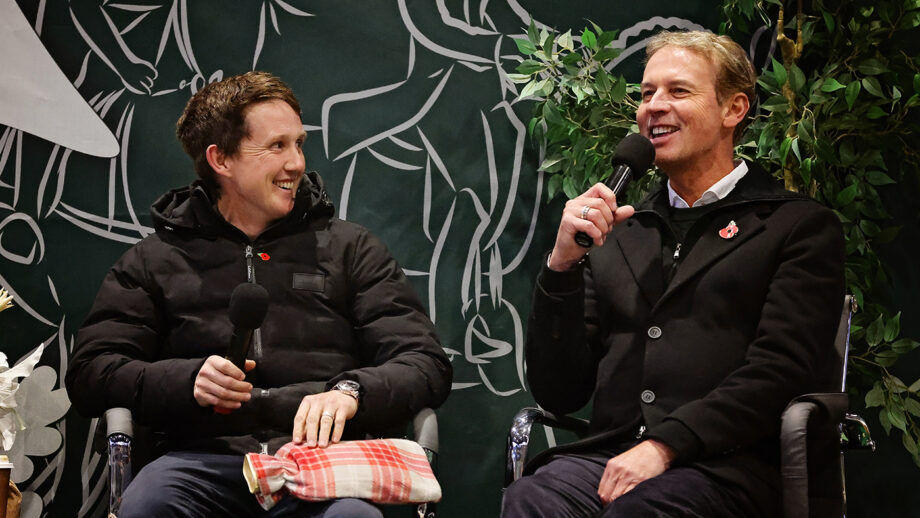 Tom McEwen and Carl Hester during a panel discussion at an equestrian industry event at Wellington Riding