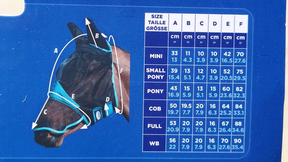 WeatherBeeta ComFiTec fly mask size guide